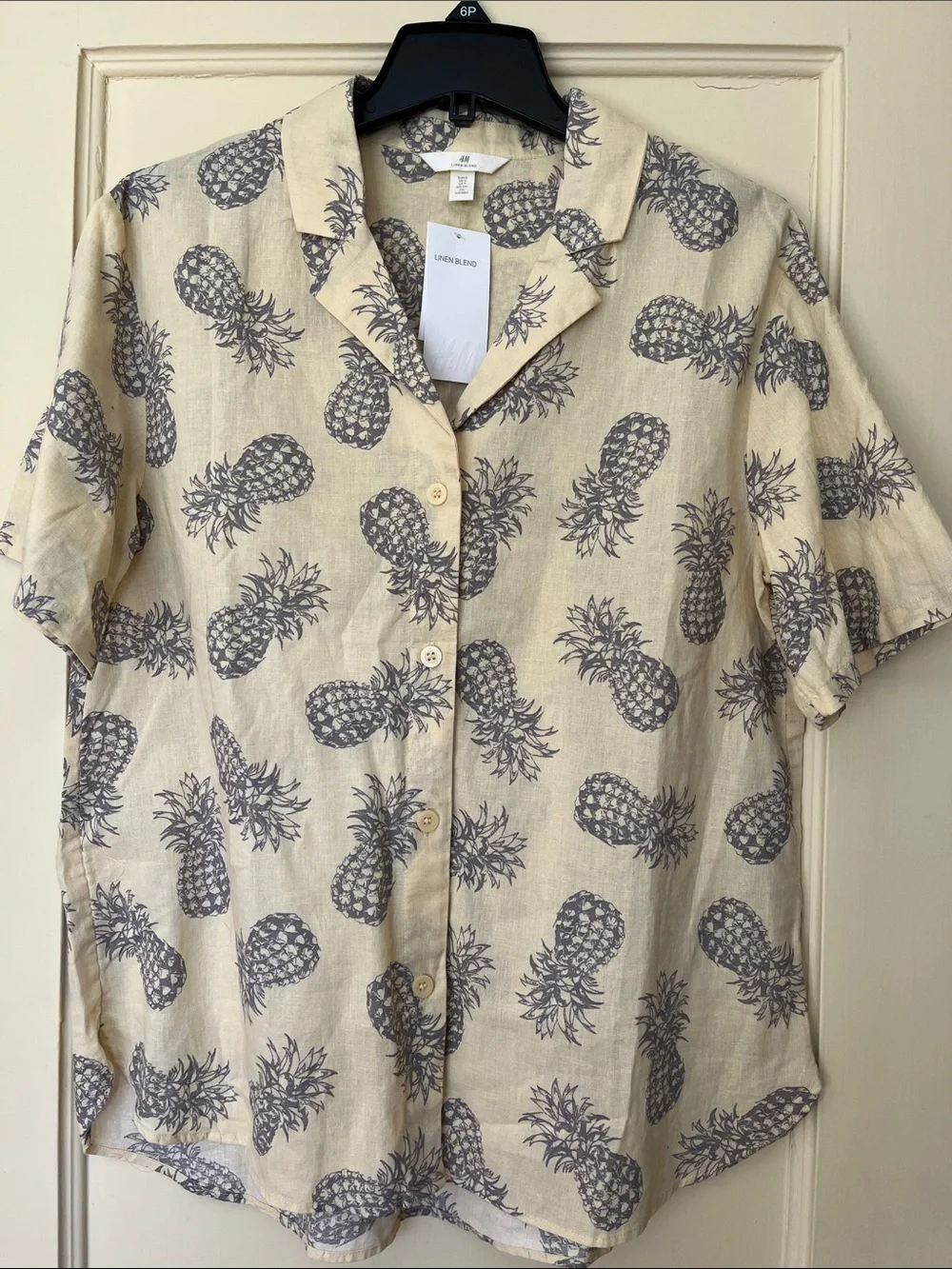 H&M Linen Pineapple Print Short Sleeve Shirt Women Unisex NWT New with Tags - Picture 5 of 5